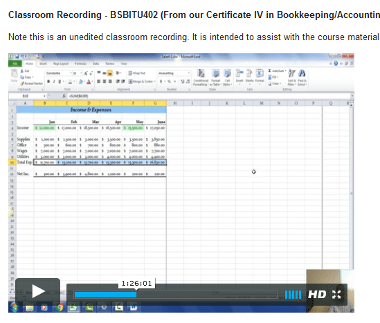 Certificate IV in Bookkeeping bsbitu402 classroom recording