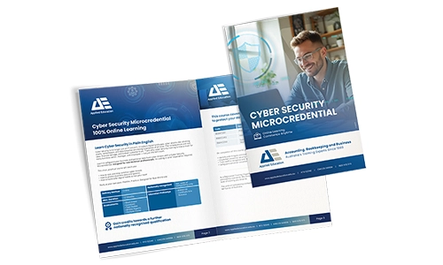 Preview of Cyber Security Online Course guide showing front cover and first two pages with course overview and learning outcomes