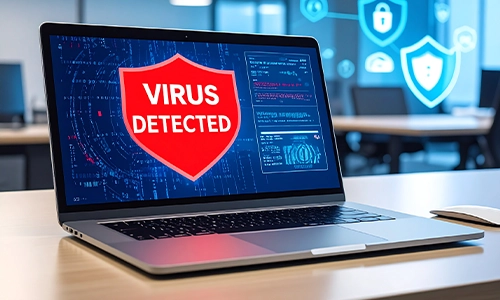 Laptop screen showing "Virus Detected" alert in red, representing cybersecurity threat