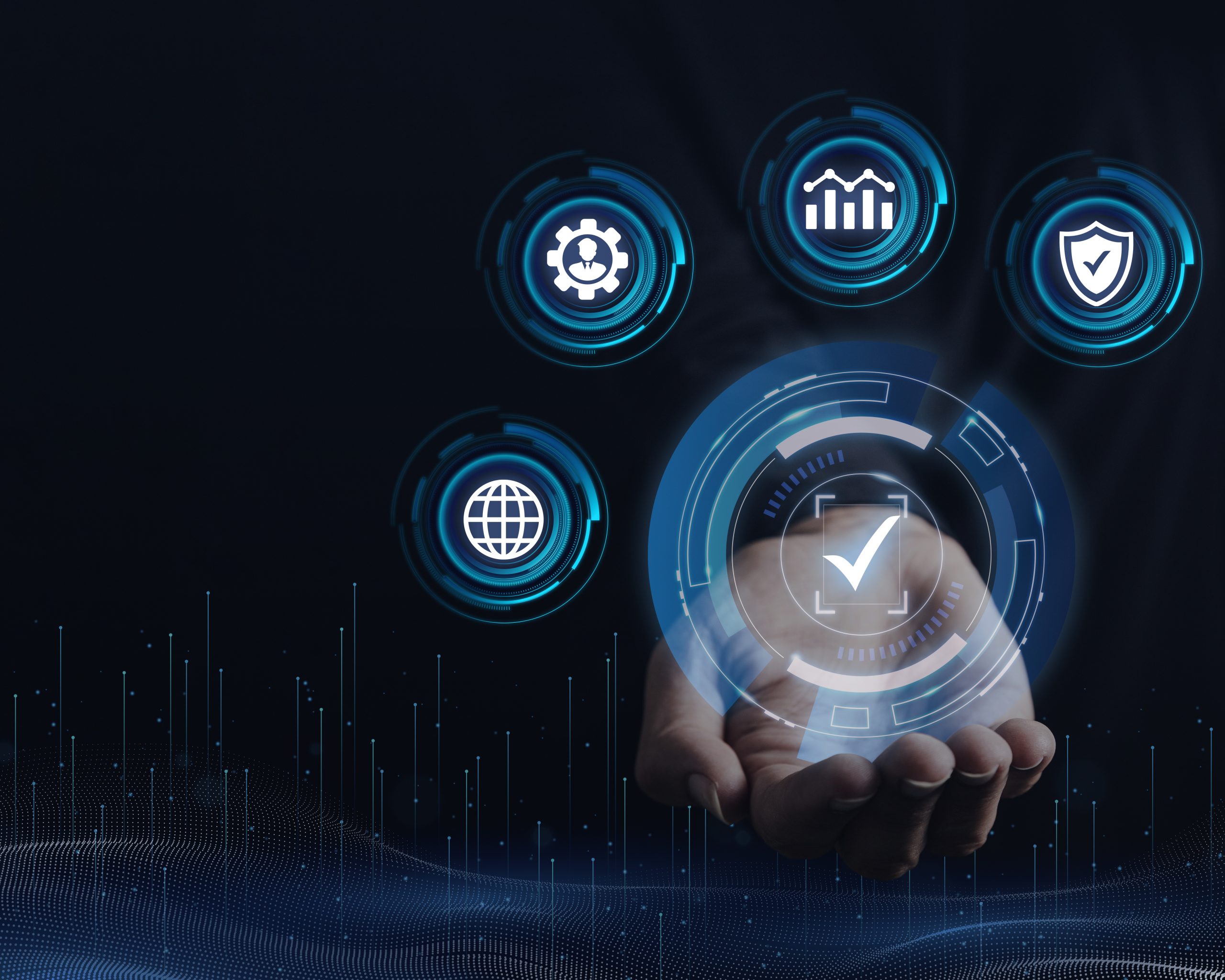 a hand holding a glowing circle with cyber security-relevant icons